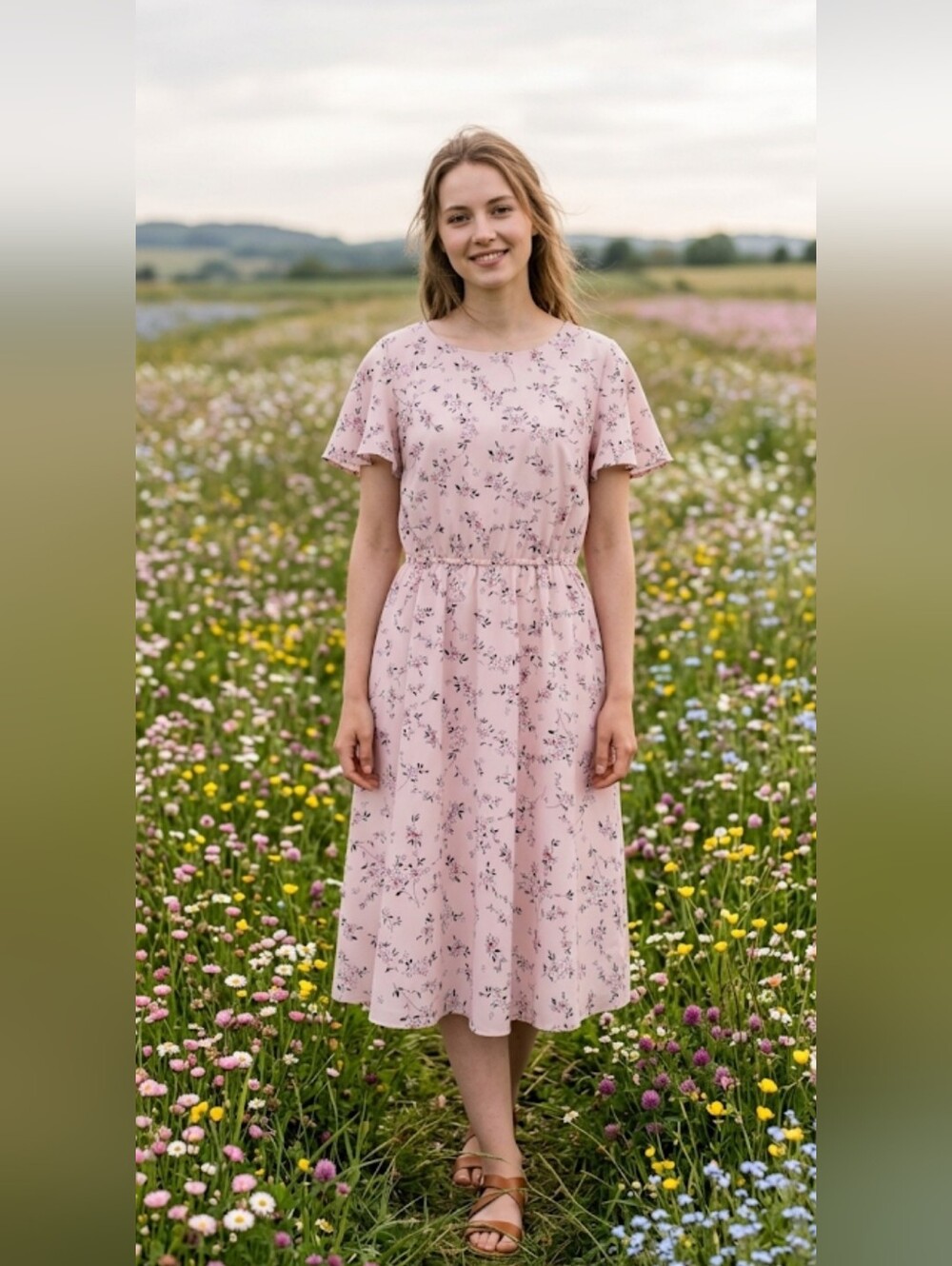 Gardenwed VTG Feminine Pink Floral Short Flutter Sleeve Chiffon Midi Dress L XL